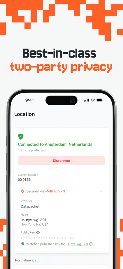 Obscura VPN mobile app interface showing a secure connection to a server in Amsterdam and two-party privacy verification details.