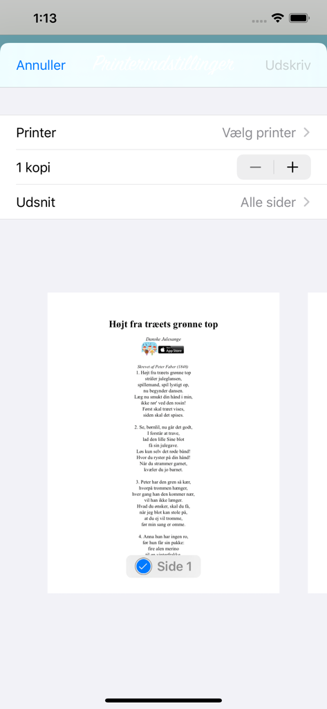 A preview of Danish Christmas song lyrics in the print settings of the app.