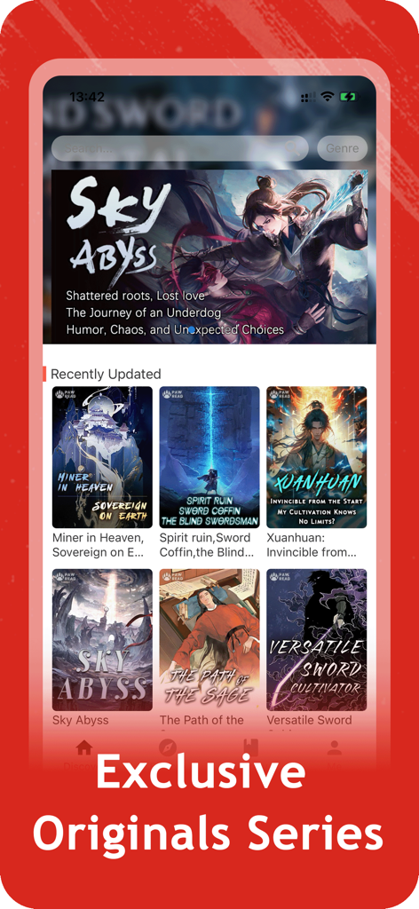 PawRead - Read Fantasy Novels - Interfaz de la aplicación móvil PawRead que muestra series de novelas web exclusivas de fantasía y xianxia