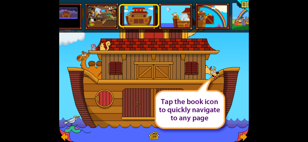 Noah's Ark app navigation screen showing different story pages and animals on the ark.