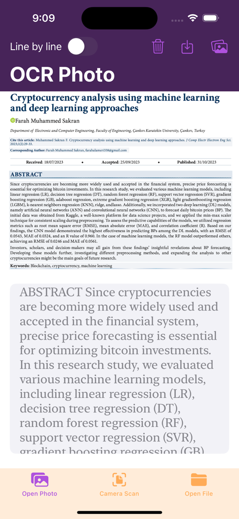 Scanner Pro OCRモバイルアプリのインターフェースが、暗号通貨に関する学術論文からデジタルテキストが抽出されている様子を表示している様子
