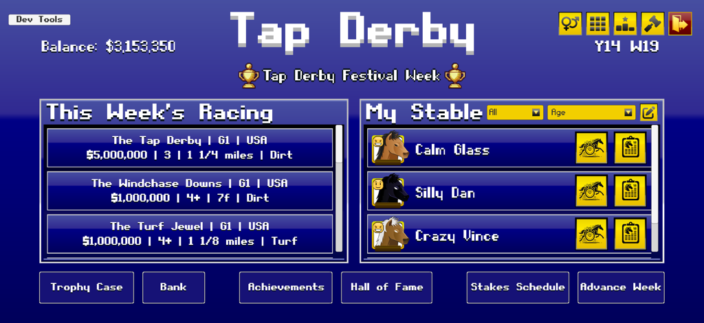 Tap Derby: Horse Racing - Pixel art dashboard of Tap Derby Horse Racing showing the weekly racing schedule and player stable management.