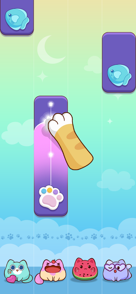 A cat paw tapping a purple rhythm tile in the Piano Cat Tiles mobile game with cute cartoon cats on a pastel background