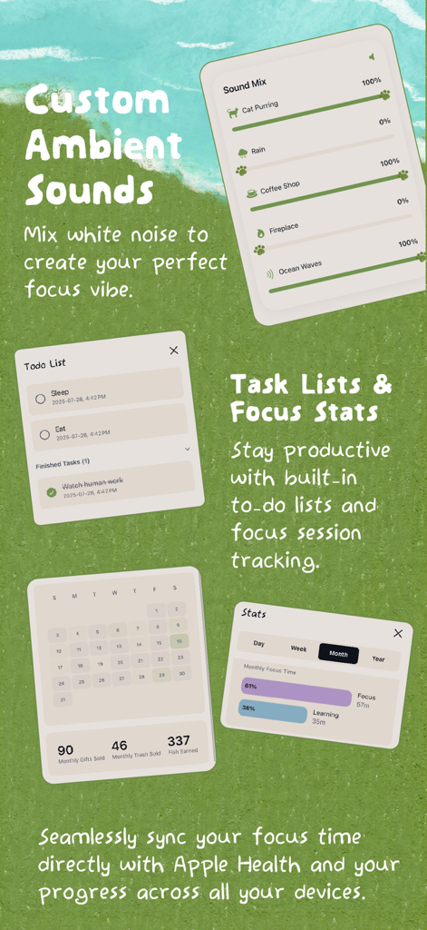 Cat On Chair: ADHD Focus - Screenshots of the Cat On Chair app showing custom ambient sounds todo list and monthly focus statistics