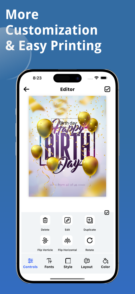 A mobile interface showing the photo editor feature in the Printmate app with options to customize a birthday card.