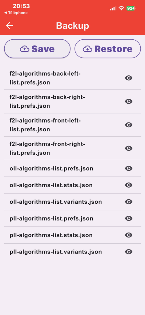 Backup screen in CFOPTrainer for saving and restoring cubing algorithm data and statistics.