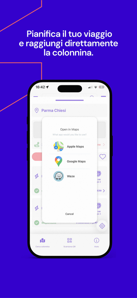 Uattzy – Stazioni di ricarica - Interfaccia dell'app Uattzy che mostra le opzioni per aprire la navigazione in Apple Maps, Google Maps o Waze