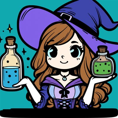 a witch holding a potion bottle with a white background