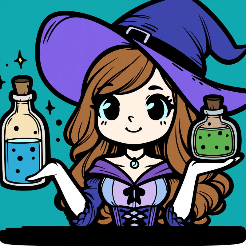 a witch holding a potion bottle with a white background