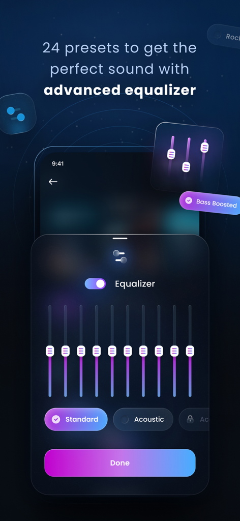 Luna Deep app interface displaying an advanced equalizer with customizable sound presets and a bass boosted option.