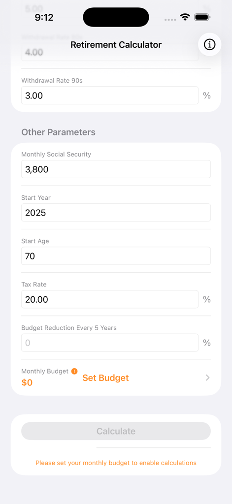 RetireSmart — Retire Planner - RetireSmart app screen showing retirement calculator input fields for social security start age and tax rates