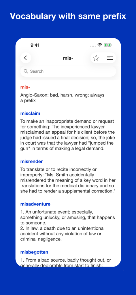 接頭辞「mis-」で始まる英単語とその定義のリストを表示している、英語の接頭辞・接尾辞マスターアプリのスクリーンショット。