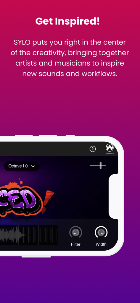 SYLO - AUV3 Sample Library - Screenshot of the SYLO app interface displaying audio knobs and waveforms with the heading Get Inspired