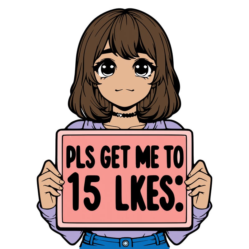 realistic girl holding up a sign that says “pls get me to 15 likes!”