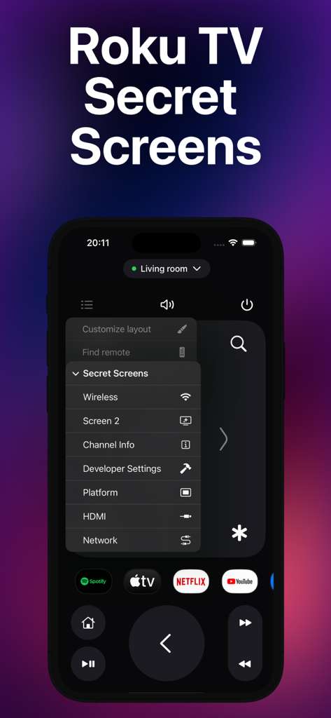 Rolu: Roku Remote - Interface de um smartphone exibindo o menu de telas secretas da Roku TV no aplicativo Rolu