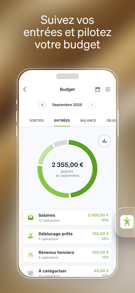 Interfaz de la aplicación de banca Fortuneo que muestra un panel de gestión de presupuesto con seguimiento de ingresos mensuales y un gráfico circular