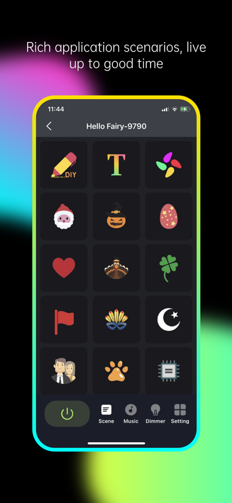 Hello Fairy - Interfaz de la aplicación Hello Fairy que muestra presupuestos de escenas de luz inteligente para días festivos y ocasiones especiales