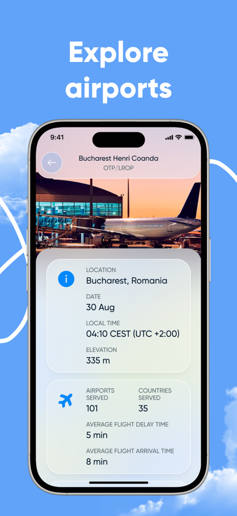 Sky Radar | Plane Finder - Detailed airport information and statistics screen in the Sky Radar app showing Bucharest Henri Coanda details
