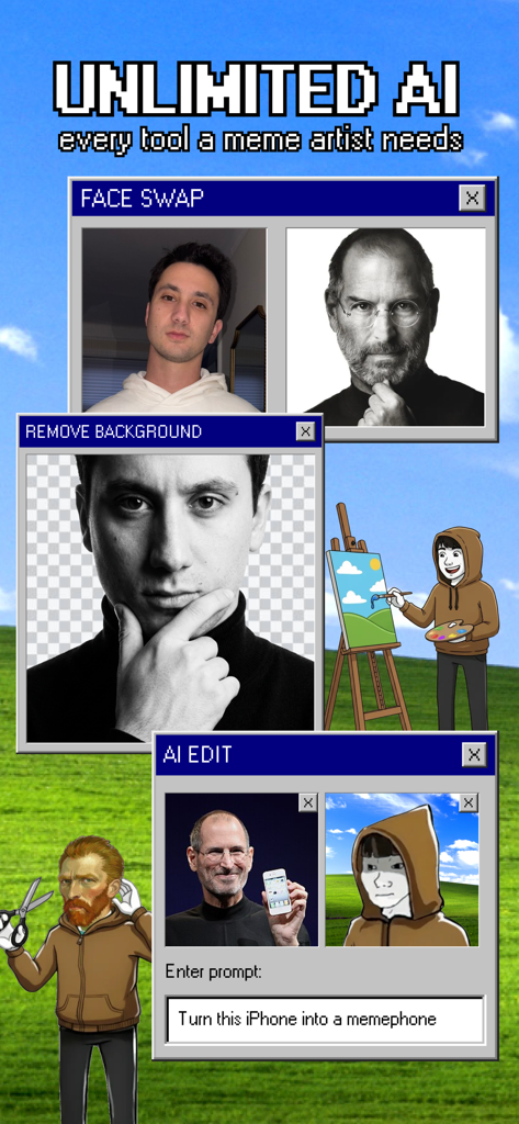 Memelord Mobile - ミーム作成のための顔の入れ替えや背景削除などのAI編集機能を表示するMemelord Mobileのインターフェース。