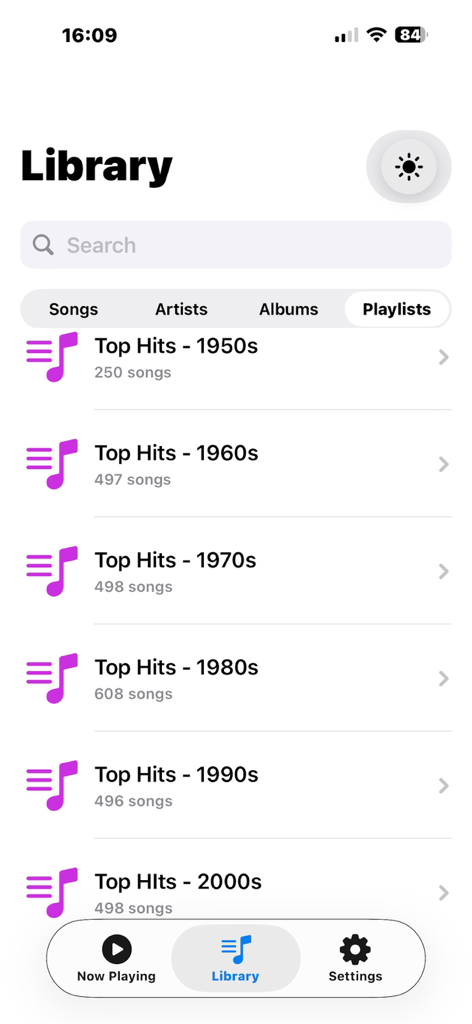 Whymzy Music Player - Whymzy Music Player library interface showing offline playlists by decade
