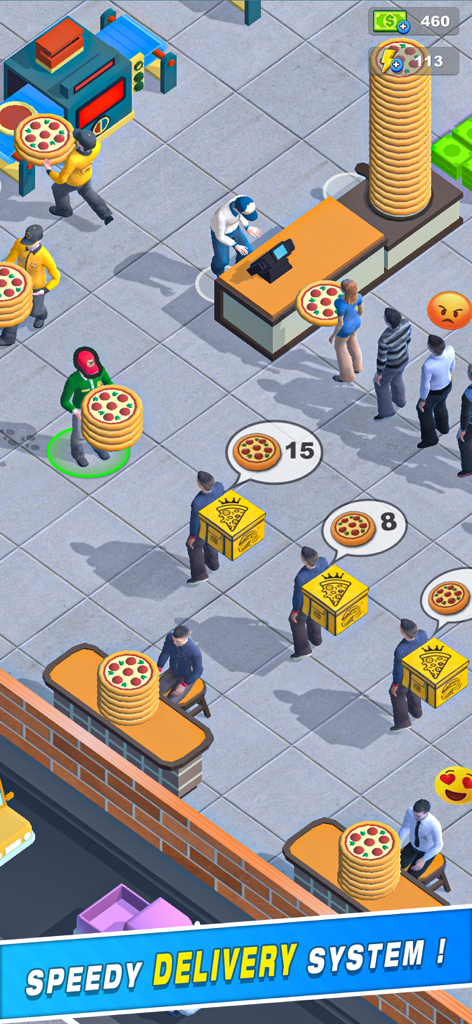 My Pizza Shop Simulator Game - ピザショップシミュレーターのトップダウンアイソメトリックビュー。黄色いバックパックを背負ったスタッフと配達員が注文を管理している様子。