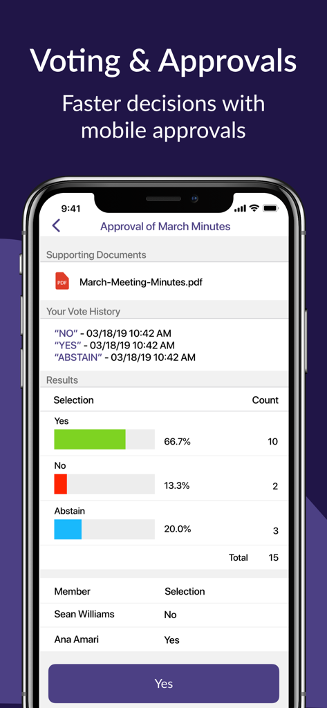 OnBoard Meetings - Mobile screen showing the voting and approvals interface in the OnBoard Meetings app for corporate directors