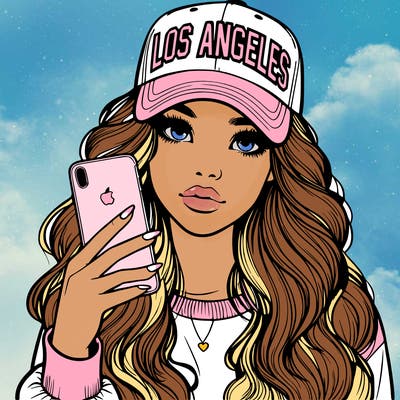 realistic beautiful girl wearing los ángeles cap holding an iphone