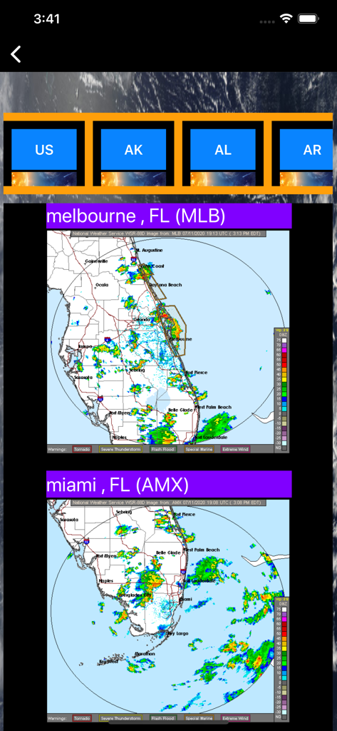 US NOAA Radars 3D Pro - Weather radar maps for Melbourne and Miami Florida in the US NOAA Radars 3D Pro app interface