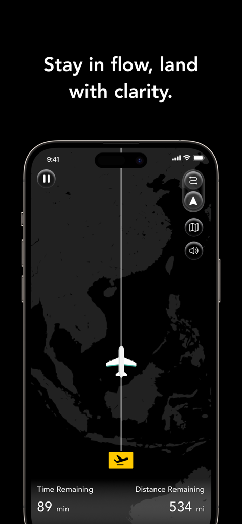 CloudFocus app focus timer interface showing an airplane icon on a flight path over a world map with time and distance remaining