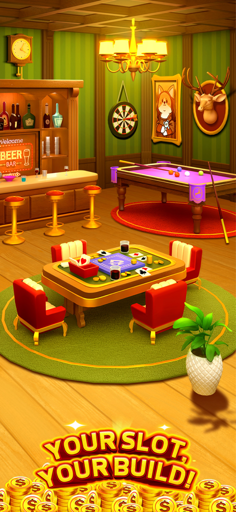 Hunter Slot - A cozy cartoon casino club room with a pool table, poker table and bar featuring the text Your Slot Your Build
