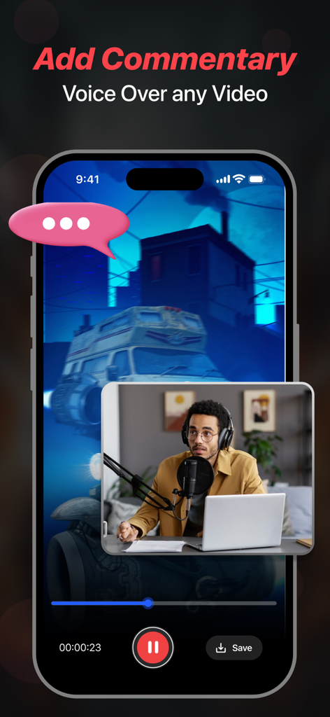 Pantalla de iPhone mostrando una superposición de cámara facial para agregar comentarios en video y voces en off