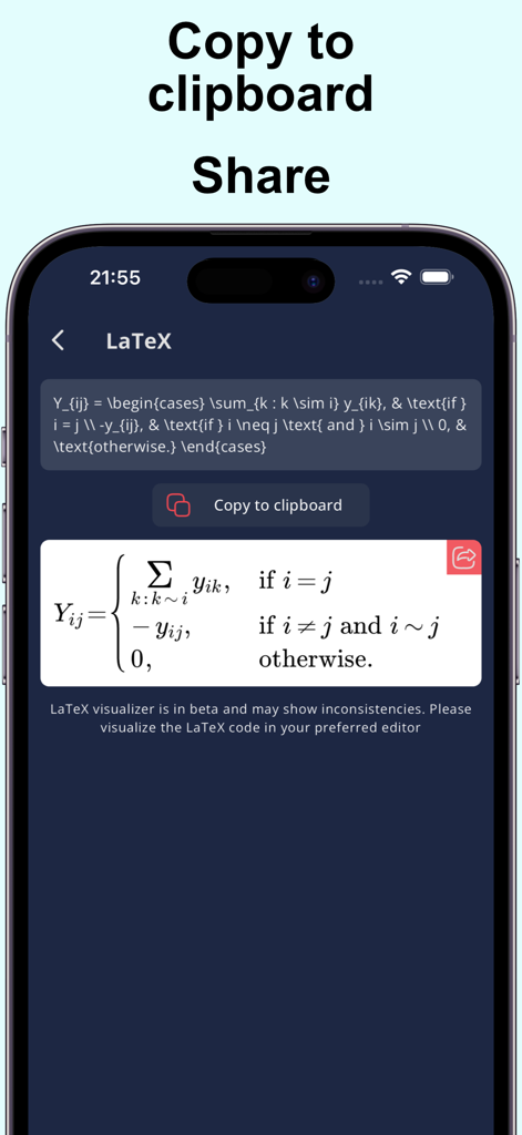 LaTeX OCR app interface showing a converted mathematical formula with options to copy to clipboard and share