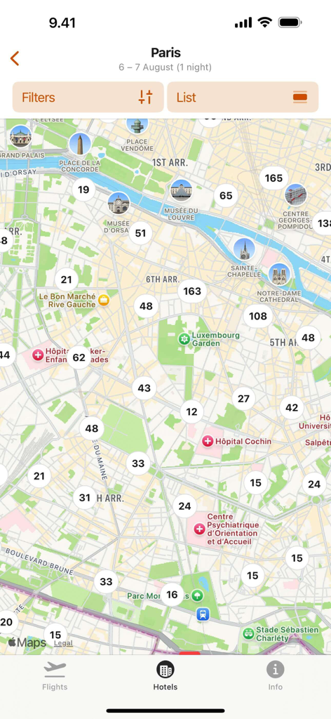 All Airlines:Best flight deals - A map of Paris showing various hotel price options and locations for easy booking.