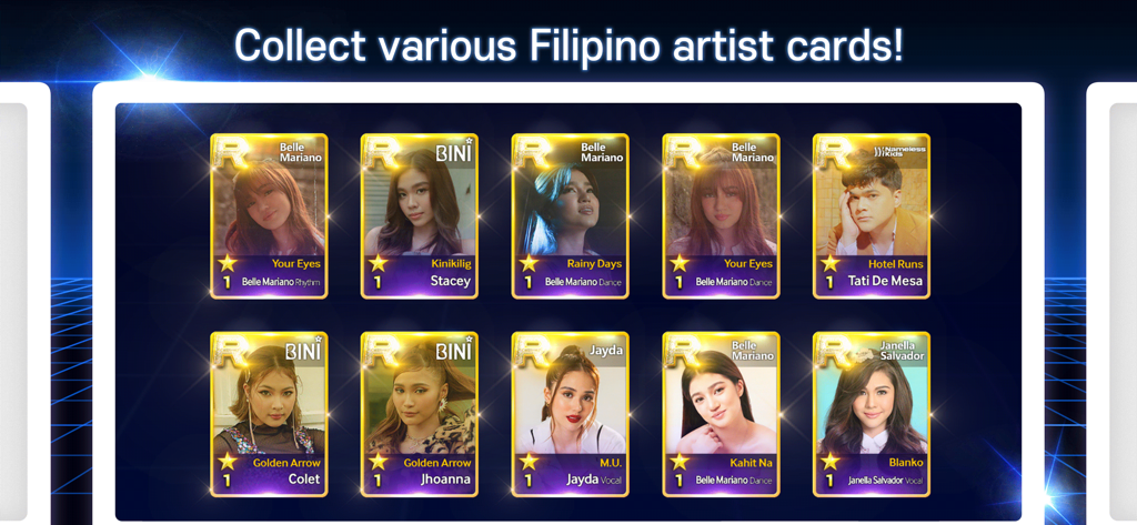 SuperStar PHILIPPINES - A showcase of gold R-grade digital trading cards featuring various Filipino P-Pop artists in the SuperStar PHILIPPINES mobile rhythm game.