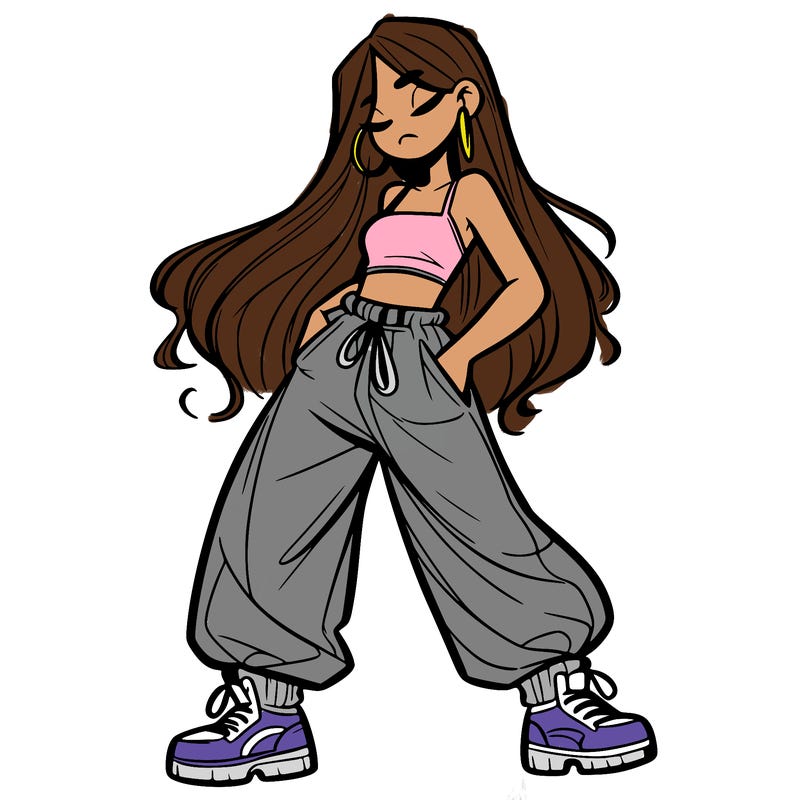girl in baggy pants crop top and long hair