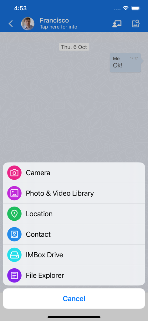 IMBox mobile app interface showing a secure chat with an attachment menu for sharing camera, photos, location, contacts, and files.
