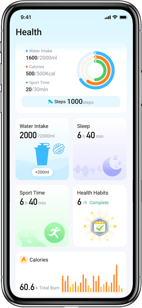 Mobile app screen for ALHOSN UAE showing daily health metrics like steps water intake sleep and calories.