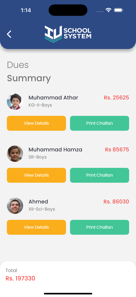 IU School System - IU School System app dues summary screen displaying student fee balances and payment options