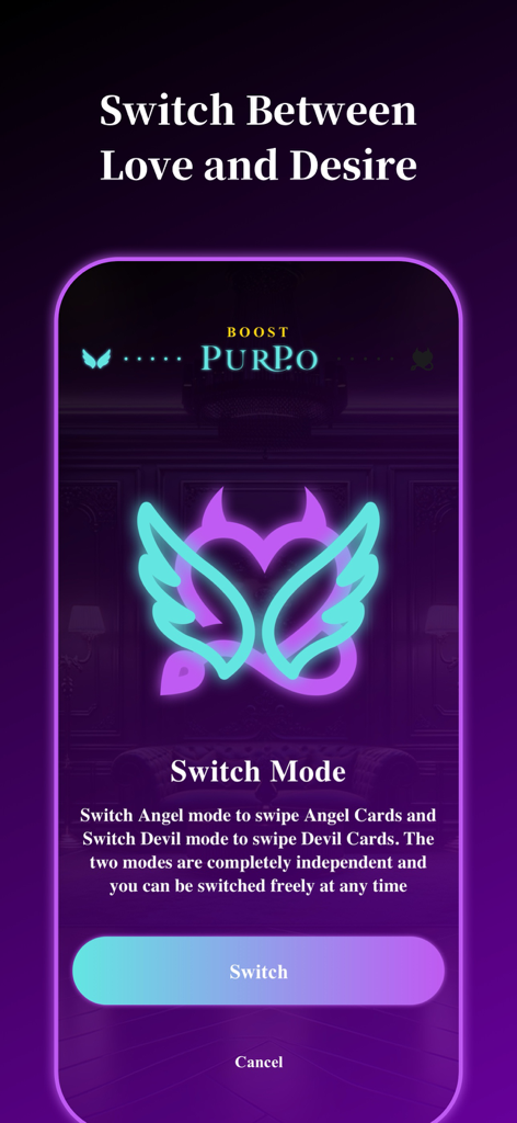 Purpo - Love & Desire Dating - Interface of Purpo dating app showing a screen to switch between Angel and Devil profiles for love and desire