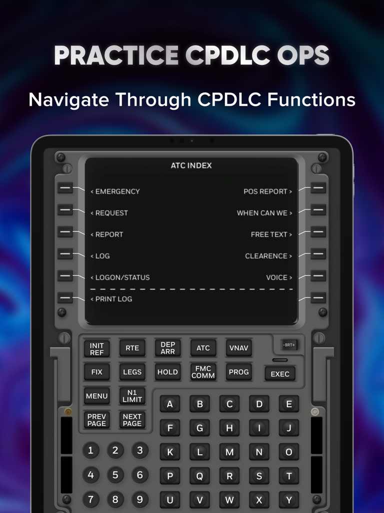 B737 FMS Trainer app showing the CPDLC ATC Index screen on an iPad
