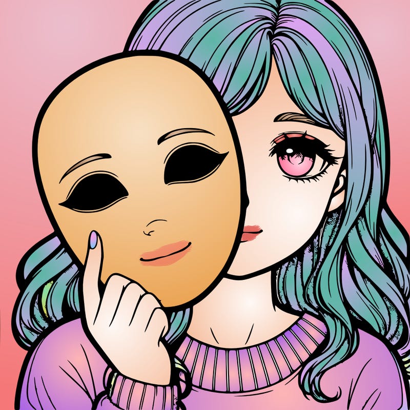 realistic girl holding a blank mask covering half her face