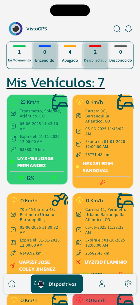 VISTO+ - Panel de la aplicación VISTO+ que muestra el seguimiento del vehículo en tiempo real y el estado de una flota personal.