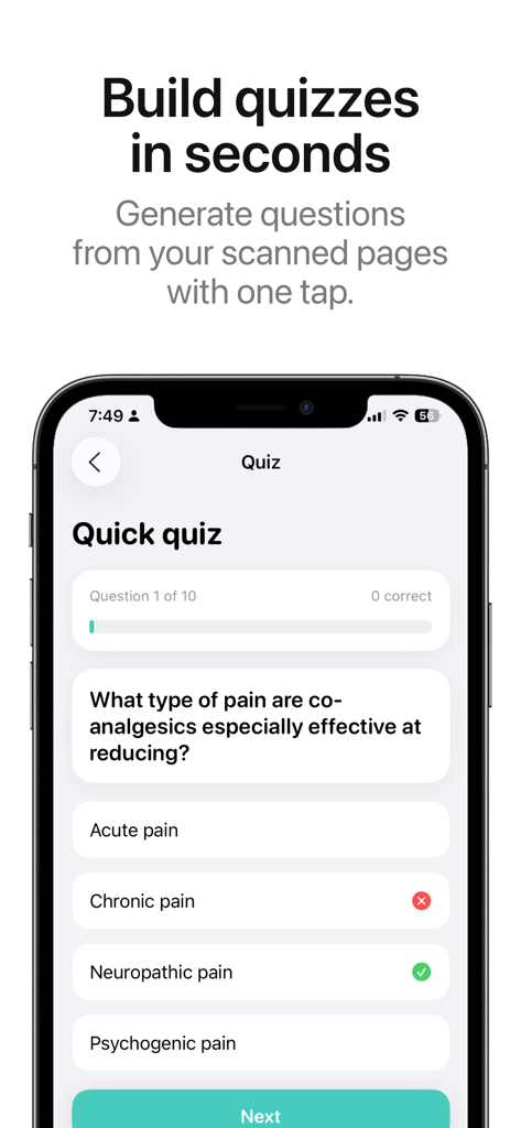 ScanQuiz: Study Smarter - Interfaz de la aplicación ScanQuiz presentando un cuestionario de opción múltiple creado a partir de páginas de libros de texto escaneadas