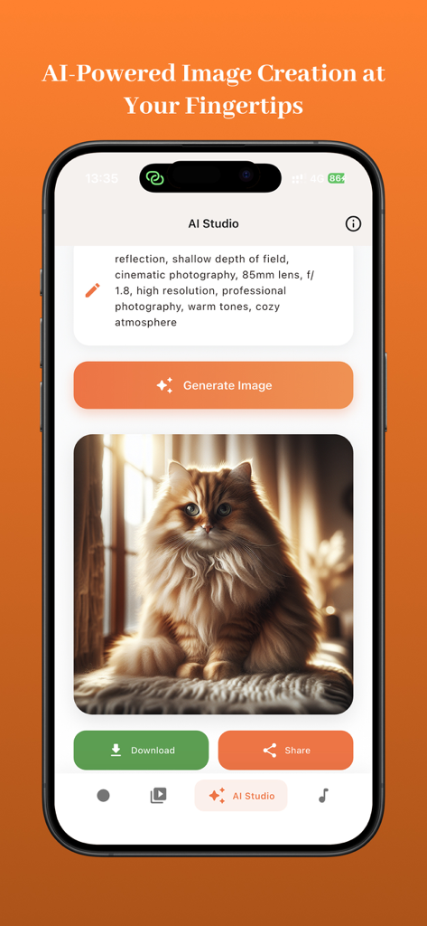 XRecorder Screen Video - AI Studio interface in XRecorder app showing a generated image of a fluffy cat from a text prompt