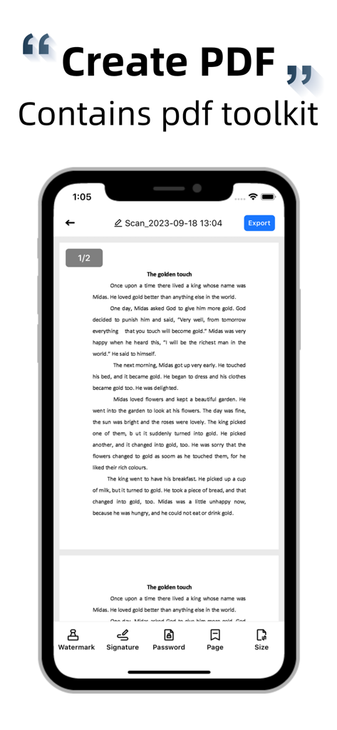 Smartphone interface of Scanner Document Scan App showing PDF toolkit features including signature and password protection