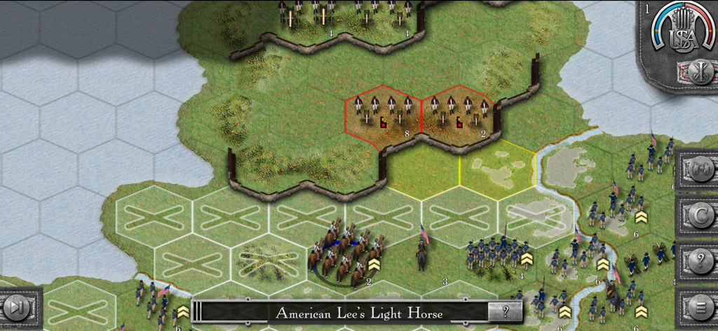 Rebels and Redcoats Gold - A tactical hex-grid battle map in Rebels and Redcoats Gold showing American cavalry and infantry units