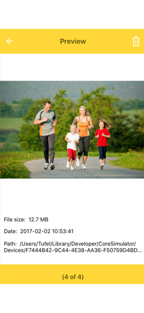 Remo Duplicate Photos Remover app preview screen showing file size and date for a photo of a family jogging