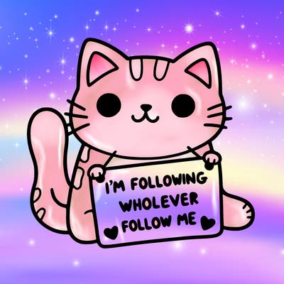 cat with a sign that says i’m following whoever follows me