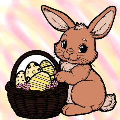 easter bunny with a basket with eggs realistic