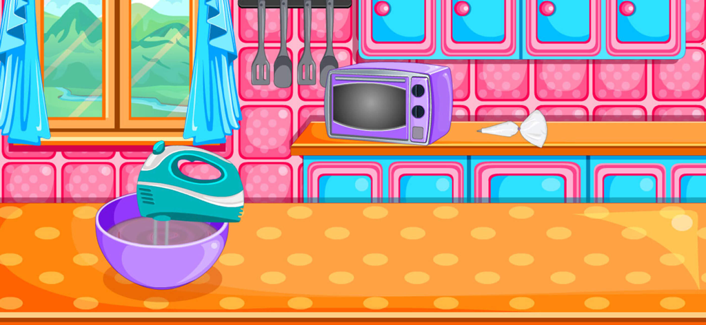 Baking black forest cake games - Cartoon kitchen scene with an electric hand mixer stirring cake batter in a purple bowl